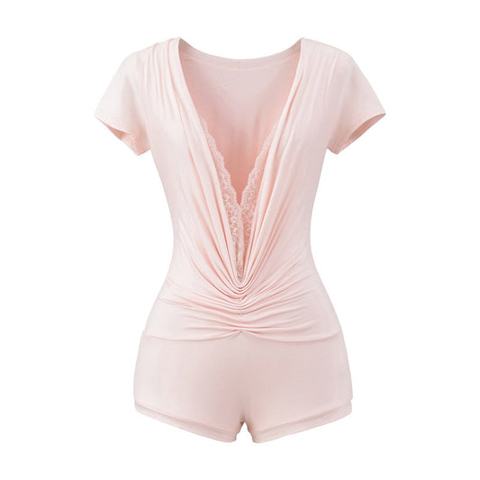 Pure Desire Style Lace Stitching Deep V Jumpsuit