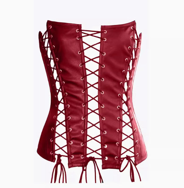 Sexy Hollow Low-Cut Fish Bone Faux Leather Tunic Top