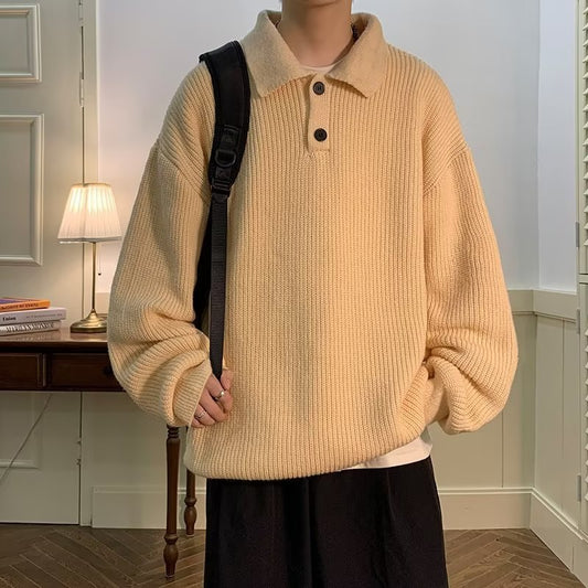 Polo Collar Sweater Men's American Retro Coffee Color High Sense Oversize Inner Sweater