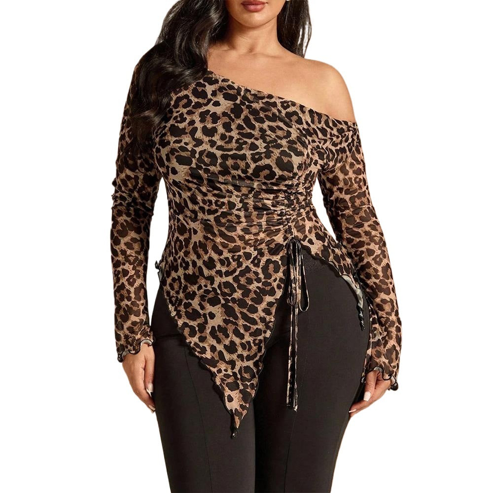 Womens Fitted Long-Sleeve Top With A Flared Hem And Leopard-Print Drawstring
