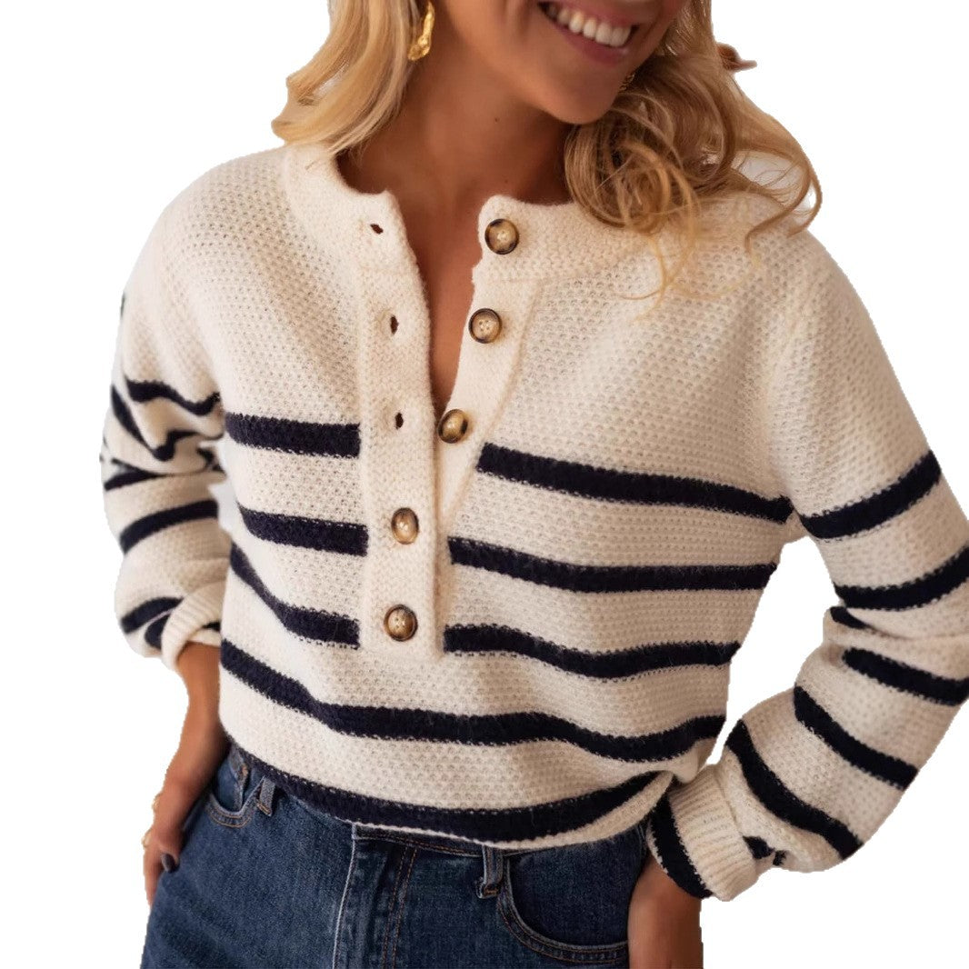 Stribet Pullover Top Mode Cardigan Med Knapper Striktrøje Kvinder
