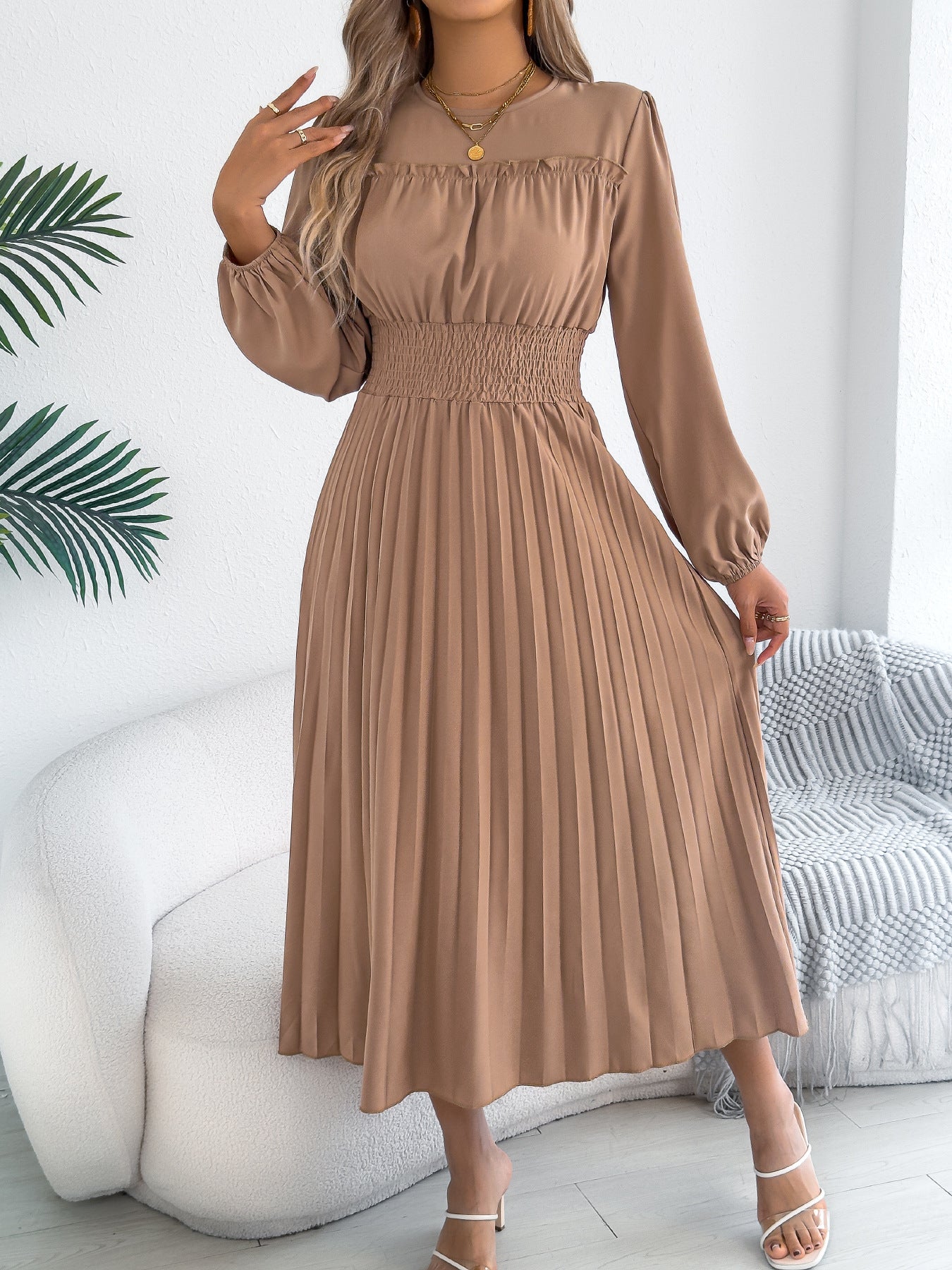 Elegant Ruffled Long-sleeve Cinched-waist Pleated Maxi Dress
