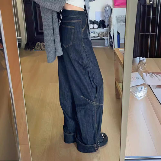 Retro High Street Denim Turn Over Button Straight Loose-fitting Mopping Pants Women
