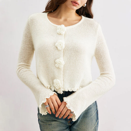 Three-dimensional Flower Slim Fit Stringy Selvedge Knitwear
