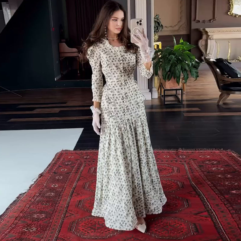 Womens Pearl Single-Breasted Slim-Fit Ruffle-Trim Printed Maxi Dress
