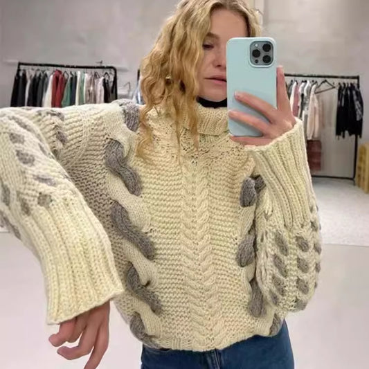 Contrast Color Coarse Woven Twist Lazy And Versatile Pullover Sweater
