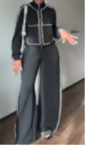 Stylish Relaxed-fit Wide-leg Pants With An Elegant Pearl-accented Set