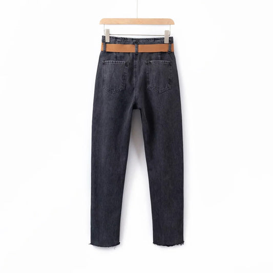 Ladies Polyester Denim Daddy Pants With Belt