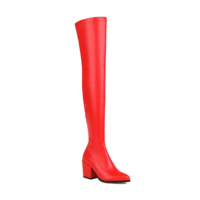 Over-the-knee Thick Heel High Heel Korean Style Slimming High Leg Boot Elastic Chunky Heel Pointed Thin