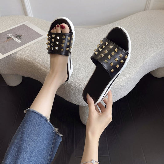 Cross-border Plus-size Rivet Leather Slippers Women's Shoes