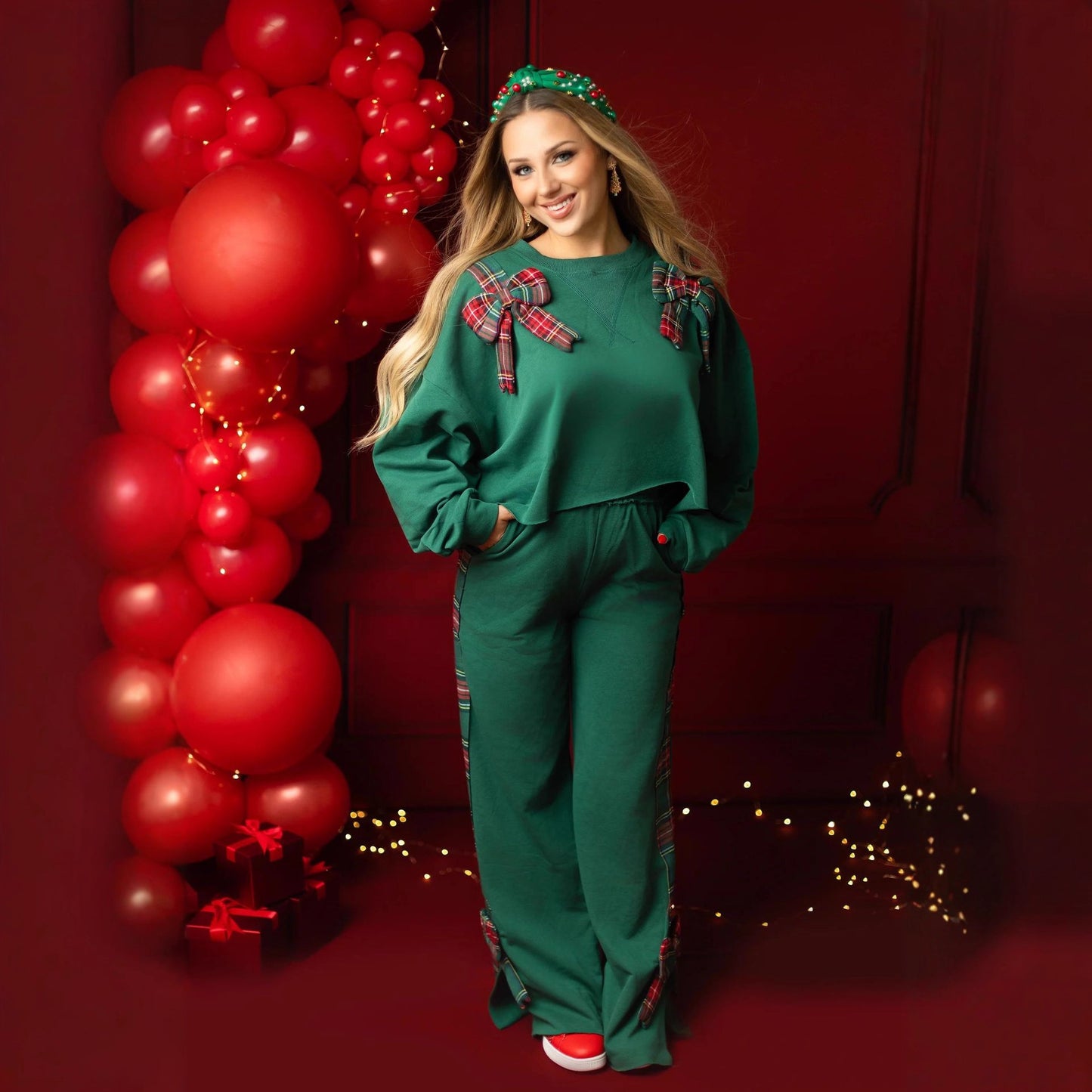 Christmas Bow Decoration Long-sleeved Trousers Two-piece Set