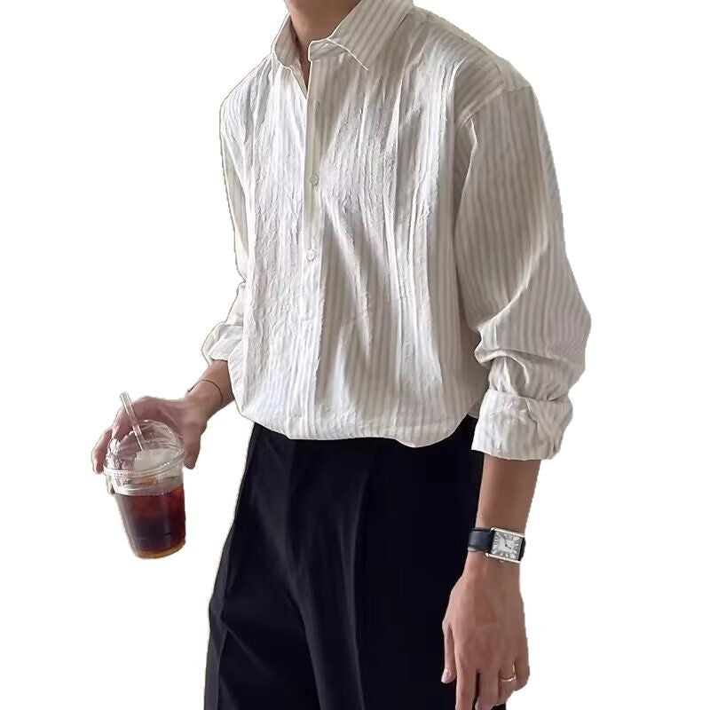 Men's Casual Loose-Fit Long-Sleeve Vertical-Striped Shirt