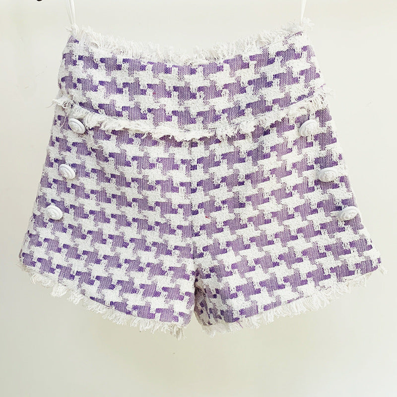 Women's Shiny Houndstooth Tweed Fringe Shorts