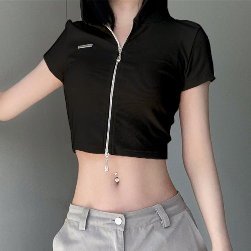 Design Sense Spicy Girl Style Backless Hollow Metal Buckle Webbing Stitching Hooded Sweatshirt Double Zipper Slimming Hundred With Tops