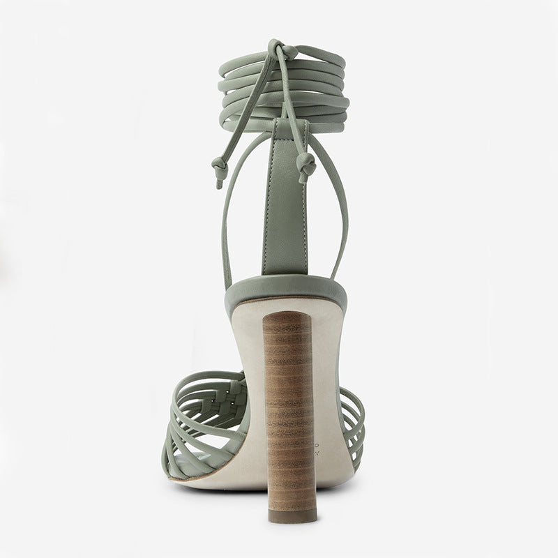 Cross Border New Style Square Head Style Large And Small Thick Heel Back Strap Woven Sandals