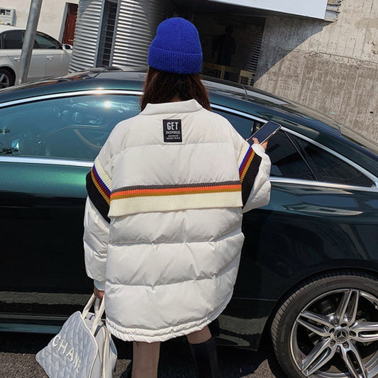 Loose Contrast Knit Striped Panel Down Jacket