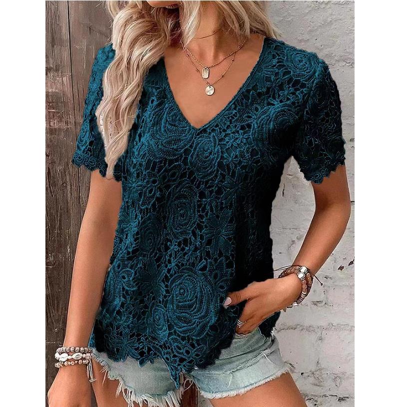 Short Sleeve Lace V-neck Loose Sweet Stripe T-shirt