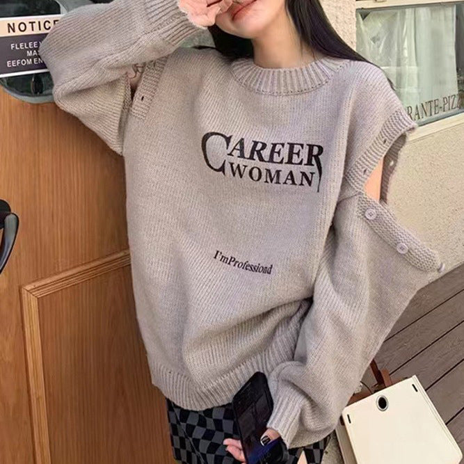 New Off-the-shoulder Letter Splicing Fashion Long Sleeve Knitted Women's Clothing