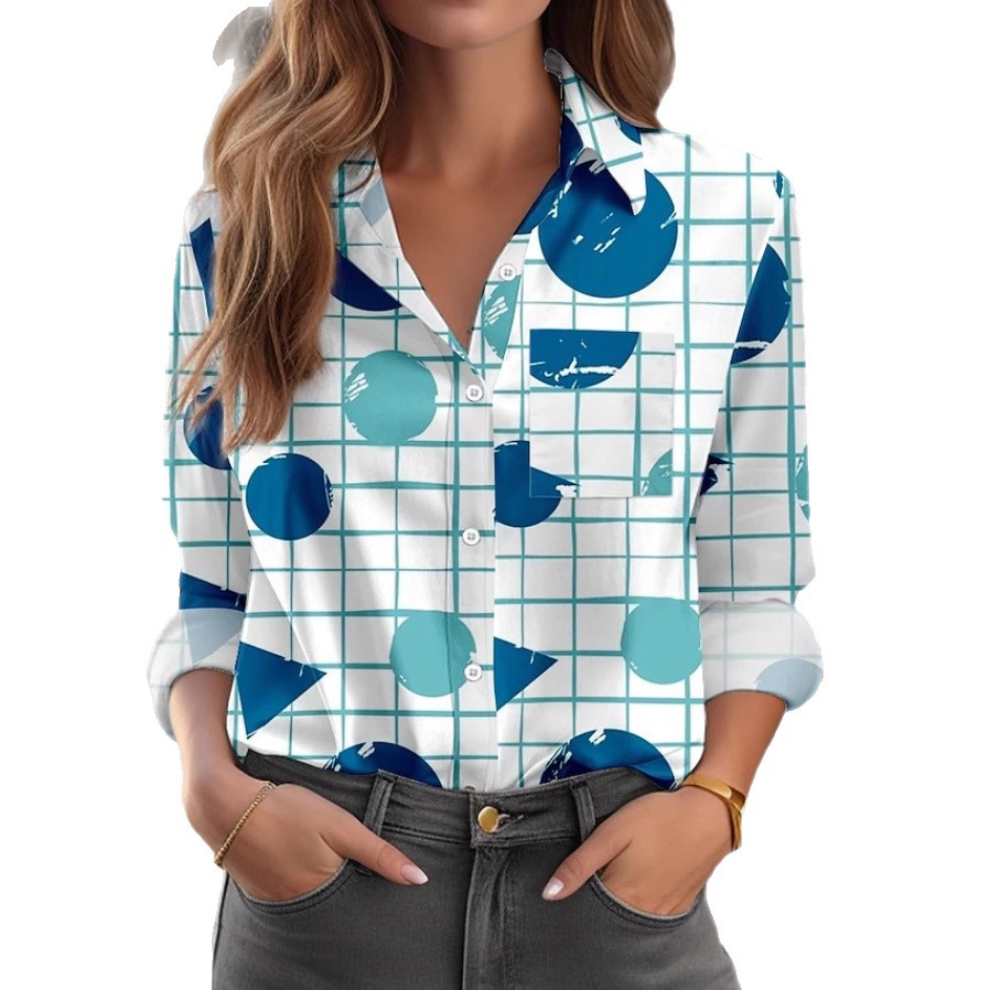 Womens Casual Plaid-pocket Long-sleeve Top