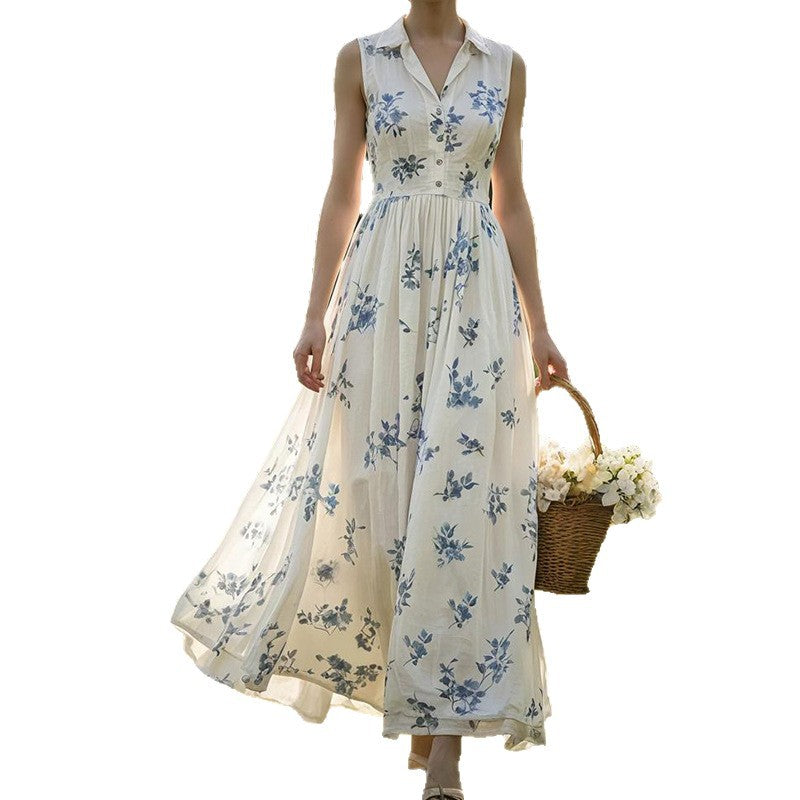 Printed Sleeveless V-Neck Defined-Waist Casual Dress