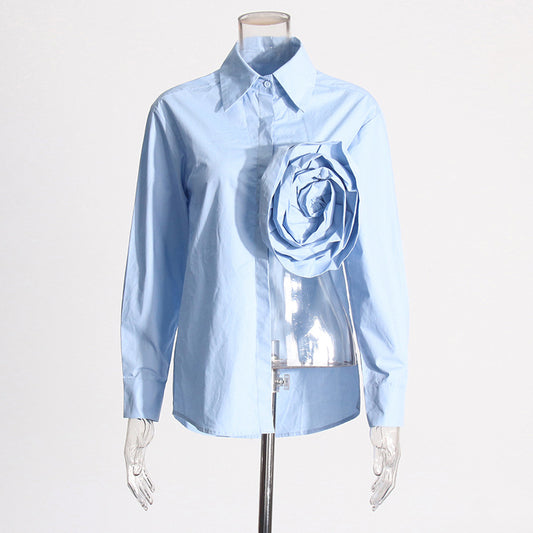 Lapels Stitching Three-dimensional Flower Irregular Hollow-out Split Shirt Top