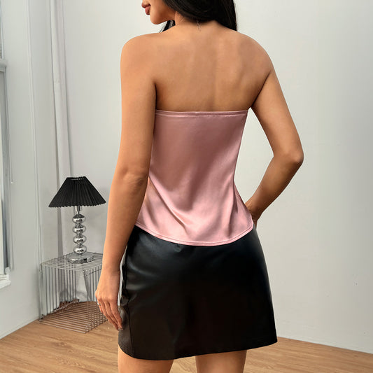 Sexy Satin Strapless Short Sleeveless Top Solid Color