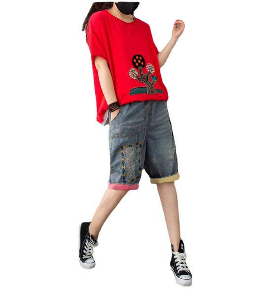 Women's Summer Ethnic Style Embroidered Denim Five-point Pants