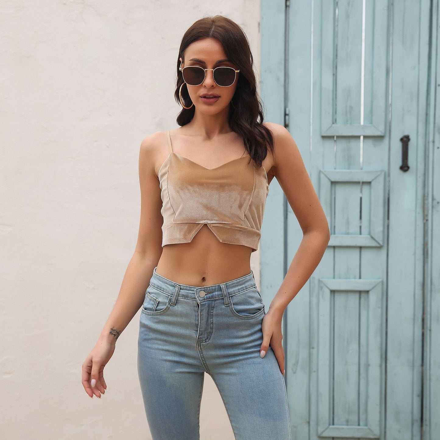 Stylish Womens Velvet V-Neck Slit Camisole