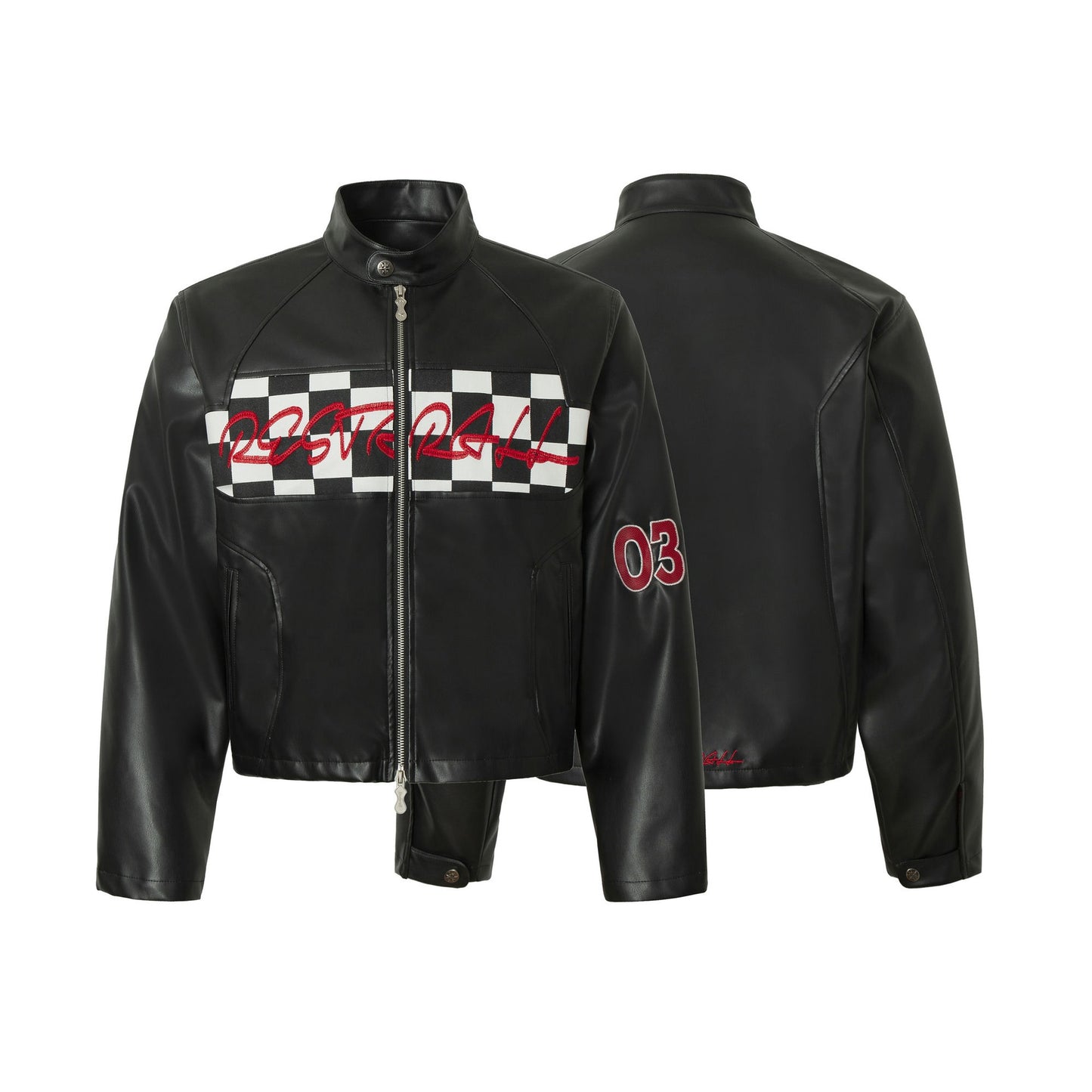 American Retro Plaid Short Stitching Leather Jacket