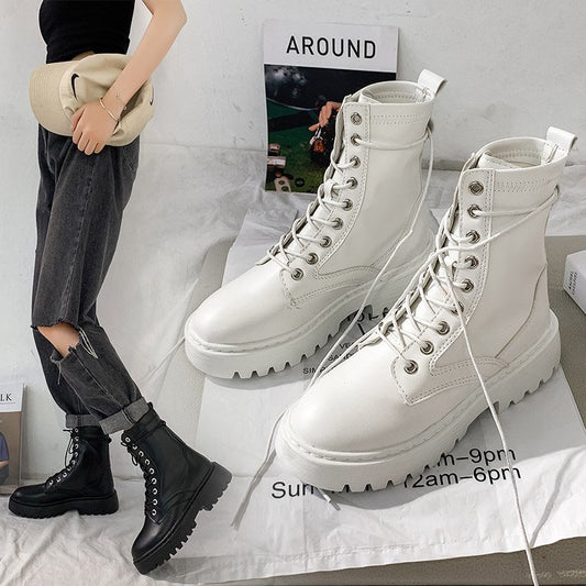 British Style Korean Retro Short Boots Flat Black Motorcycle i Boots