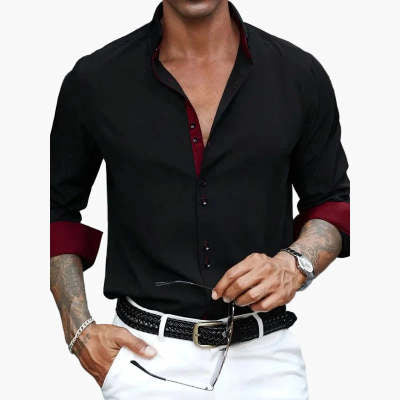 Mens Casual Solid-Color Pocket Long-Sleeve Shirt