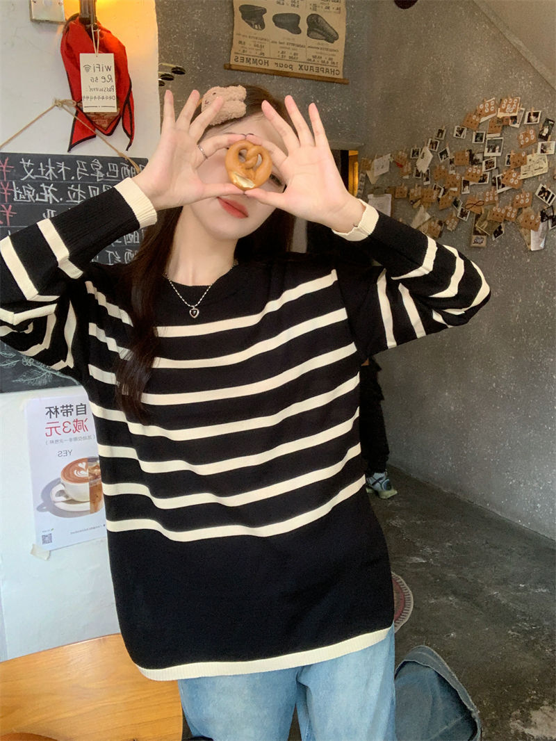 Idle Style Retro Striped Crew Neck Long Sleeves Knitwear