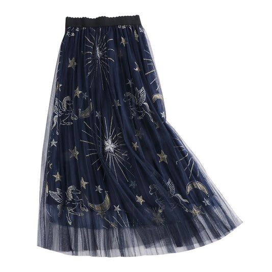 High Waist Mesh Embroidered Skirt