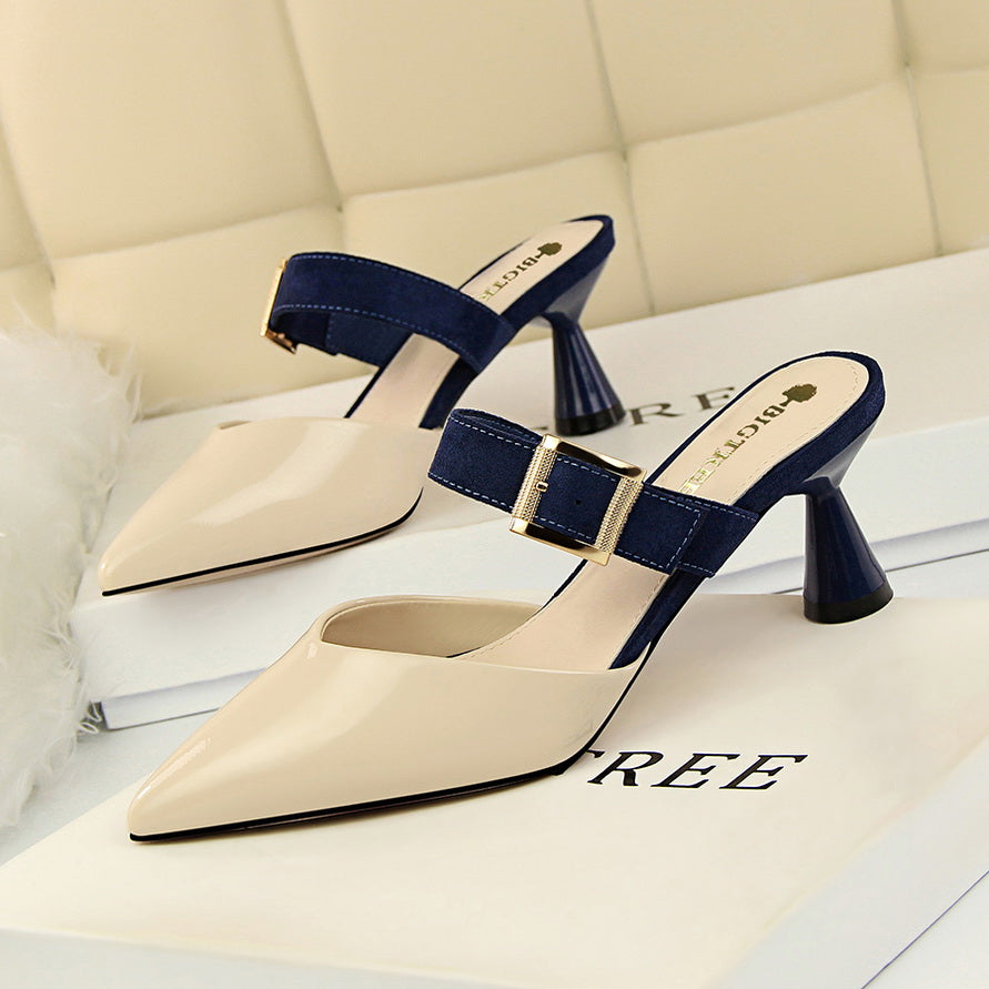Summer And Autumn Mid-heel Pointed Sandals And Slippers