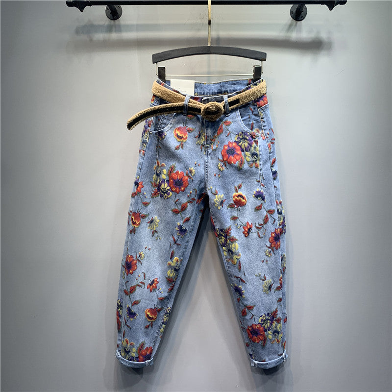 Harem Fashion Loose And Thin Flower Print Casual Jeans Baggy Trend