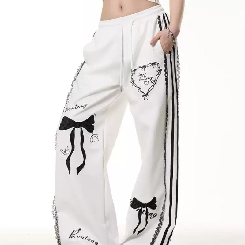 Vintage Bow Lace Casual Pants Summer Elastic Waist