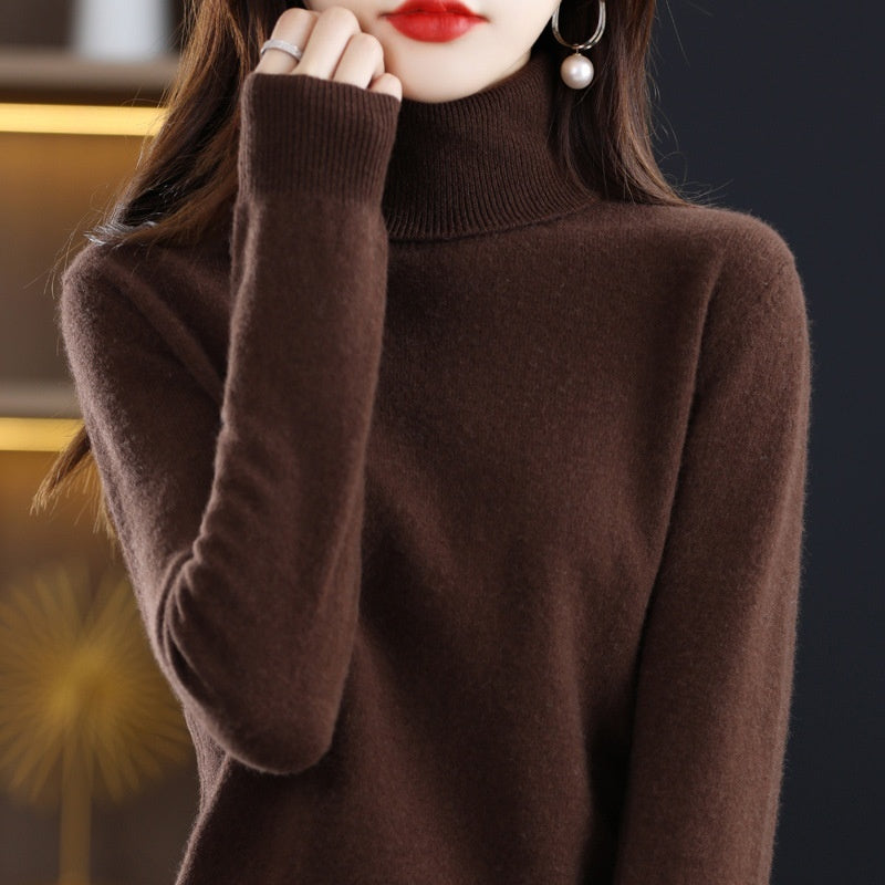 Pure Wool Sweater Women's Turtleneck Pullover Solid Color Loose Short
