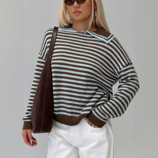 Fashion Leisure Commute Loose Striped Crew Neck Long Sleeves Sweater
