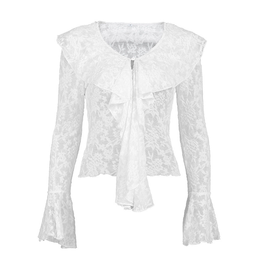 Womens Solid-Color French Style Flared-Sleeve Ruffle-Trim Shirt