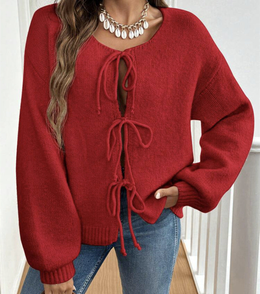 Women's Casual Loose Cardigan Lace-up Solid Color Sweater