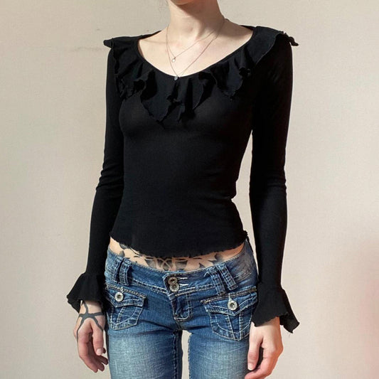 Womens Long-Sleeve Fitted Base Top With A Large Round Neck And Lotus-Leaf Design