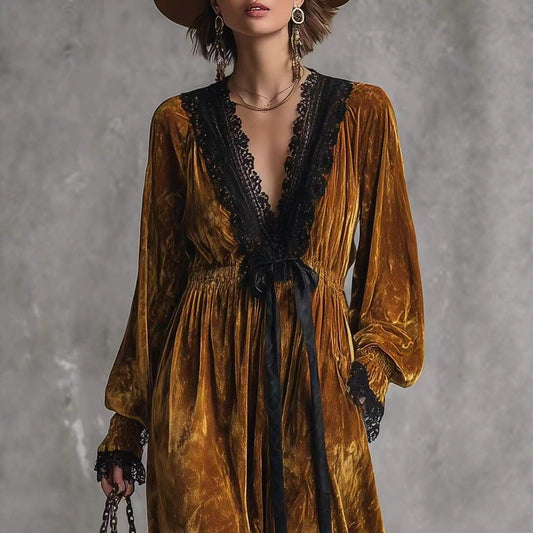 Solid-color Textured Long-sleeve Elegant French-style Dress For Women