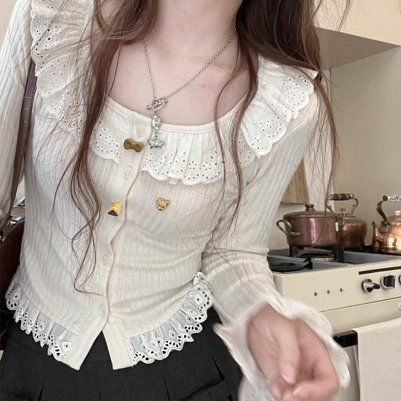 Autumn Outerwear Slim Fit Ruffled Patchwork Knitting Long-sleeved Top