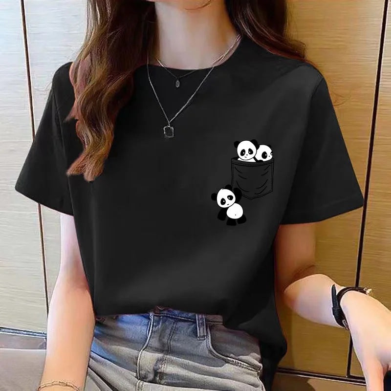 Women's Short Sleeved Coat Summer Pocket Panda Cartoon Print