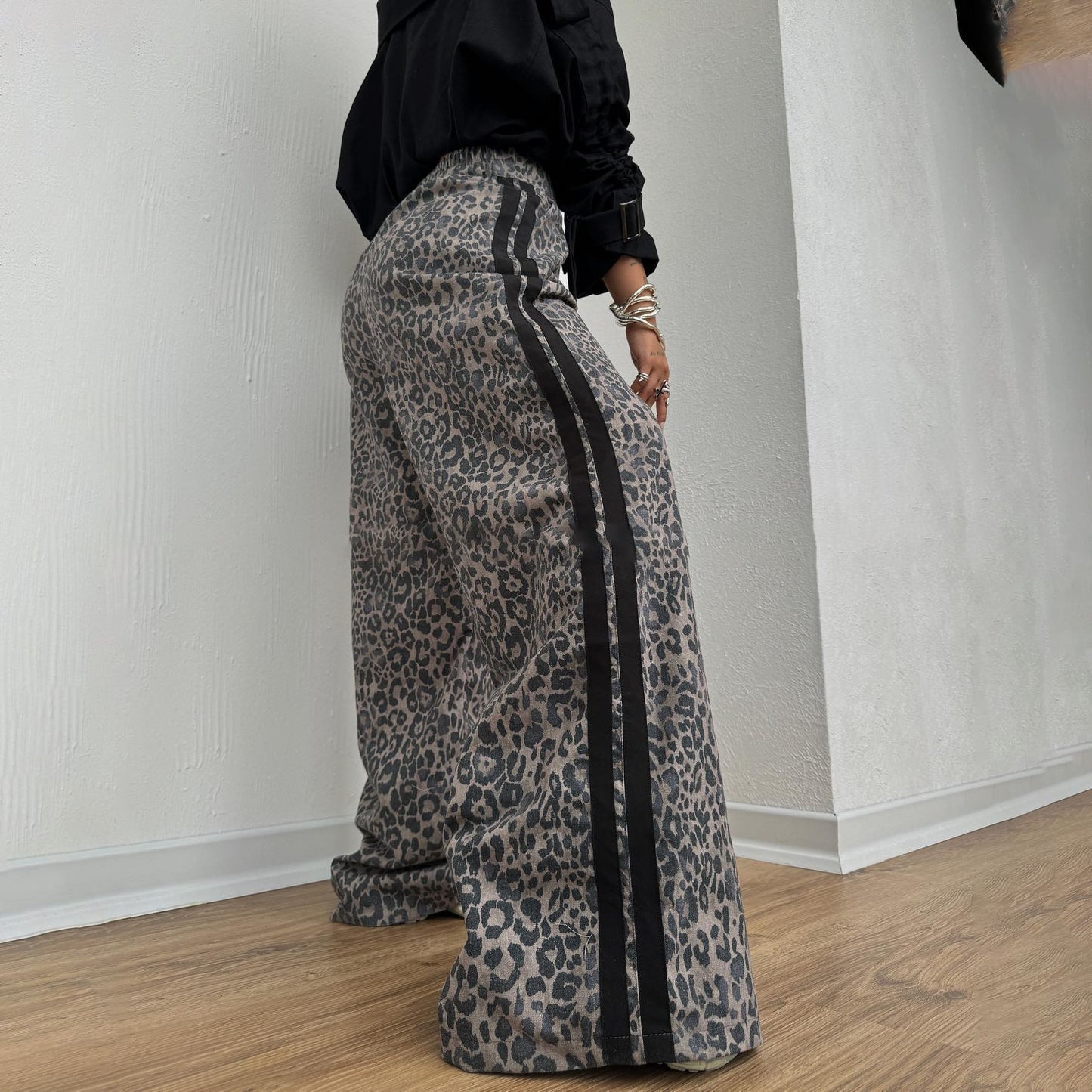 Leopard Print Mop Pants Women's Retro Side Striped Loose Wide-leg Pants