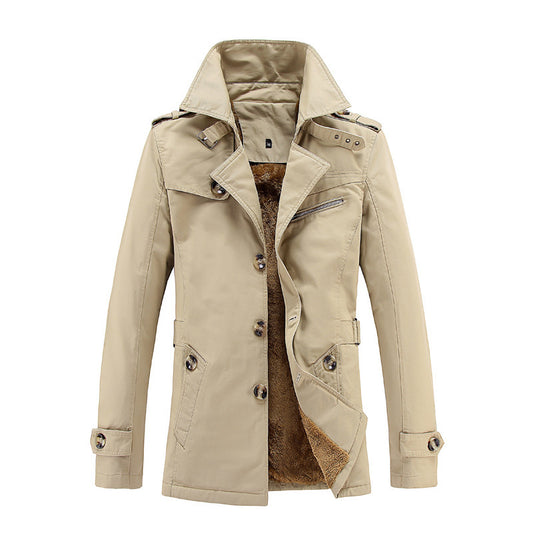 Men's Mid-Length Loose And Velvet Padded Lapel Trench Coat