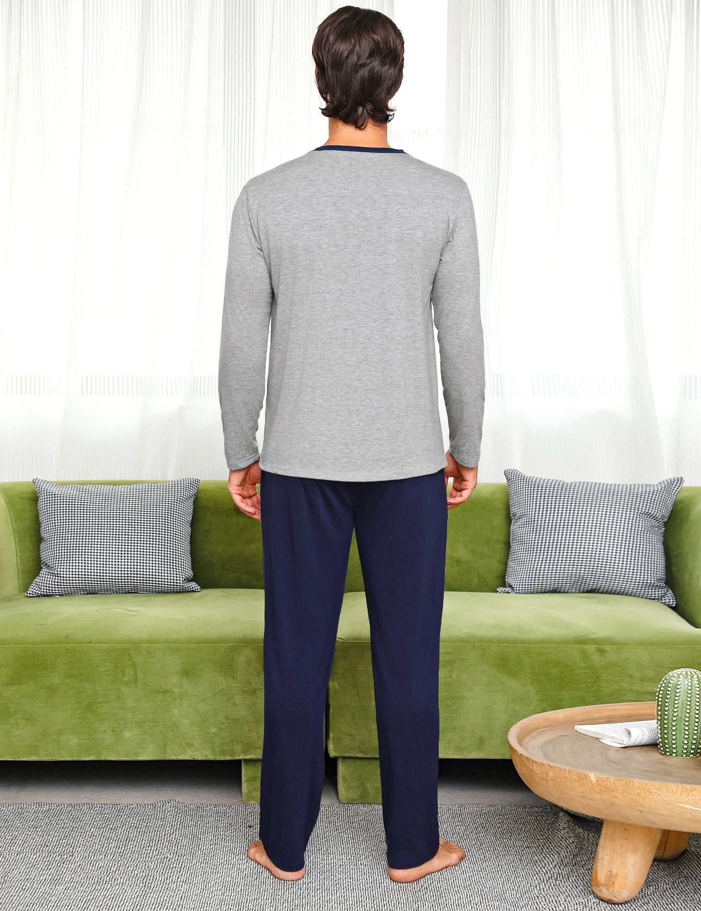 Nieery Pyjamas för Män Vinter Pyjamas Män Bomull Lång V-Krage Pyjamas Män Avslappnad Lättvikt S-XXL
