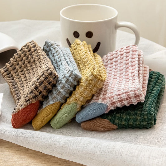 Checkerboard Color-blocked Mid-calf Cotton Sweat-absorbing Long Socks