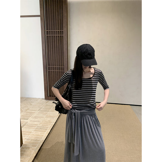 Summer U-neck Striped T-shirt Women's Elastic Mid-sleeve Top