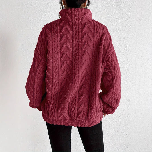 Vendbar Plys Latte Art Casual Lynlås Pullover Top